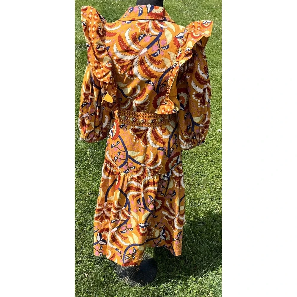 Farm Rio Shirt Dress Womens Small Yellow‎ Palms Party Midi Ruffle Belted Floral